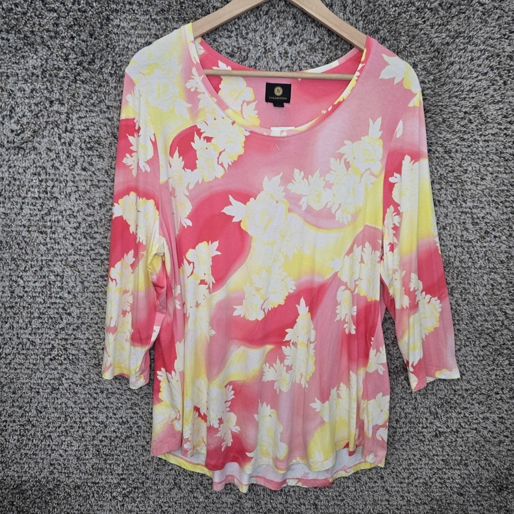 JM Collection Top Womens XL Pink Yellow Scoop Neck Tunic Stretch‎ Casual Ladies